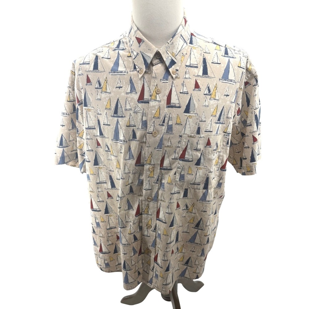Munsingwear Mens XL Sailboat Print Cotton Short Sleeve Button Down Shirt Vintage